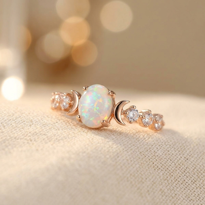 Elegant Rainbow White Fire Opal Small Moon Gold Plated Rings