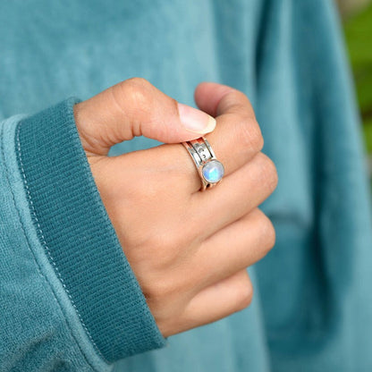 Celestial Stars Moon and Moonstone Fidget Silver Ring