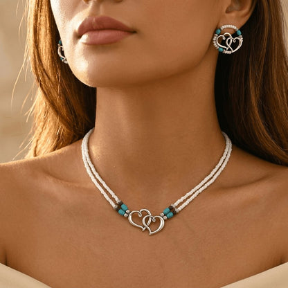 Double Layer Beaded Heart Charm Necklace And Bracelet Set Jewelry Set