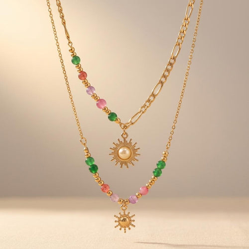 Bohemian Beaded Spiral Sun Pendant Necklace