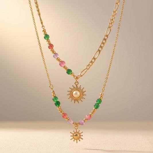 Bohemian Beaded Spiral Sun Pendant Necklace
