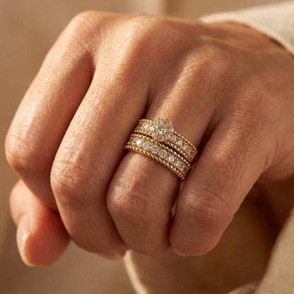 Gold Cubic Zirconia Floral Halo Ring Set