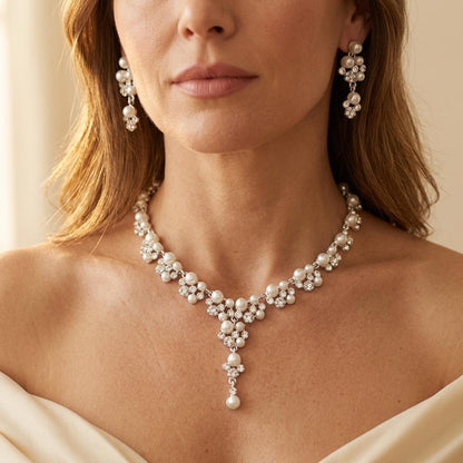 Elegant Pearl Gold Necklace Earrings Jewelry Set