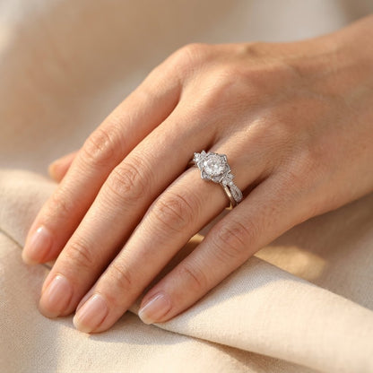 Silver Floral Round Cubic Zirconia Ring Set