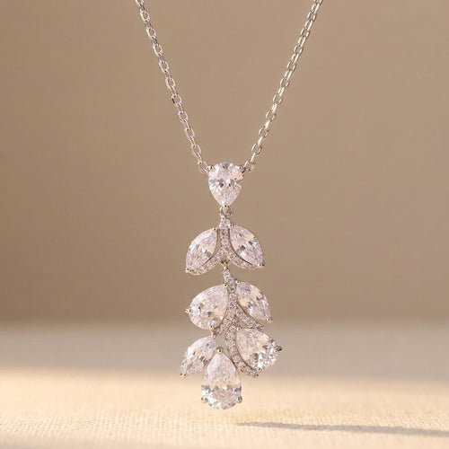 Silver Pear Cut Crystal Leaf Necklace