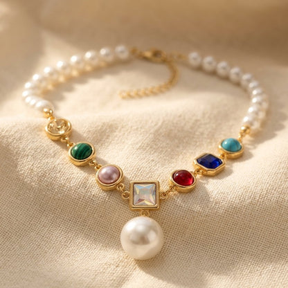 Gold Pearl Multistone Pendant Necklace