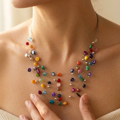 Colorful Silver Multi Gemstone Layered Necklace