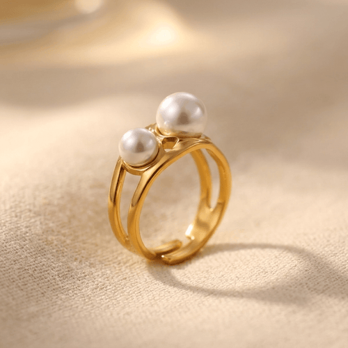 Gold Dual Pearl Geometric Opening Ring