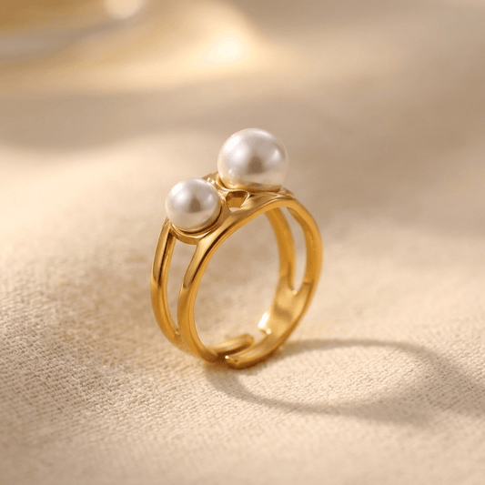 Gold Dual Pearl Geometric Opening Ring