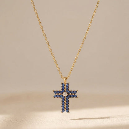 Gold Sapphire Cross Pendant Necklace