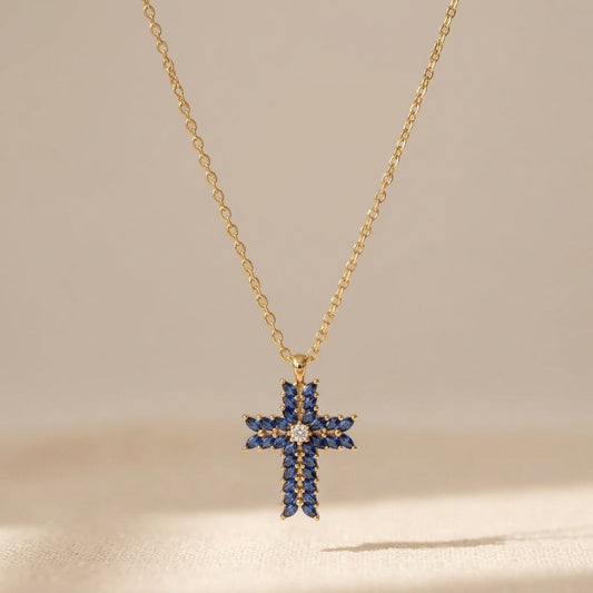 Gold Sapphire Cross Pendant Necklace