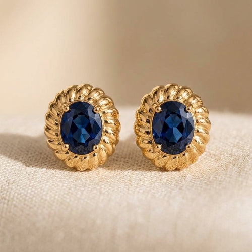 Gold Sapphire Oval Floral Stud Earrings