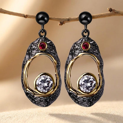 Black Gold Textured Oval Crystal Dangle Earrings