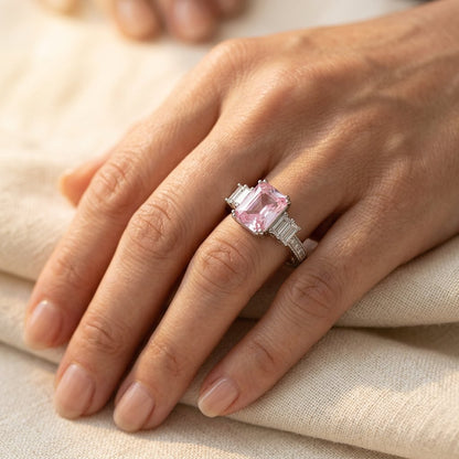 Pink Cushion Silver Baguette Engagement Ring