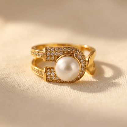 Gold Pearl Zirconia U Shaped Ring