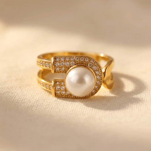 Gold Pearl Zirconia U Shaped Ring