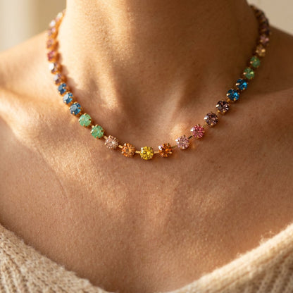 Rainbow Cubic Zirconia Gold Tennis Necklace