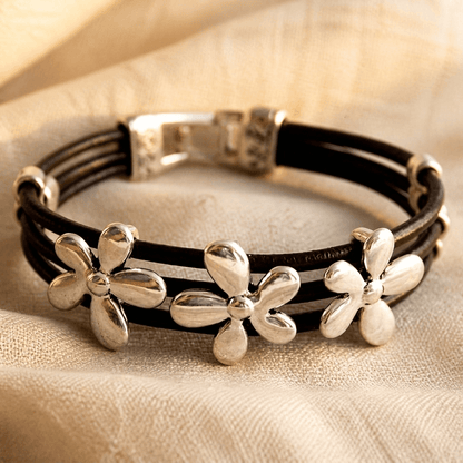 Silver Flower Charm Black Leather Bracelet