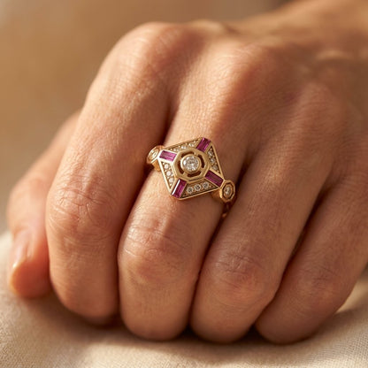 Gold Ruby Diamond Art Deco Ring