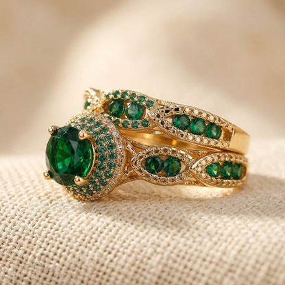 Gold Plated Emerald Filigree Ring Set