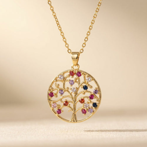 Gold Filigree Colorful Stone Tree Necklace