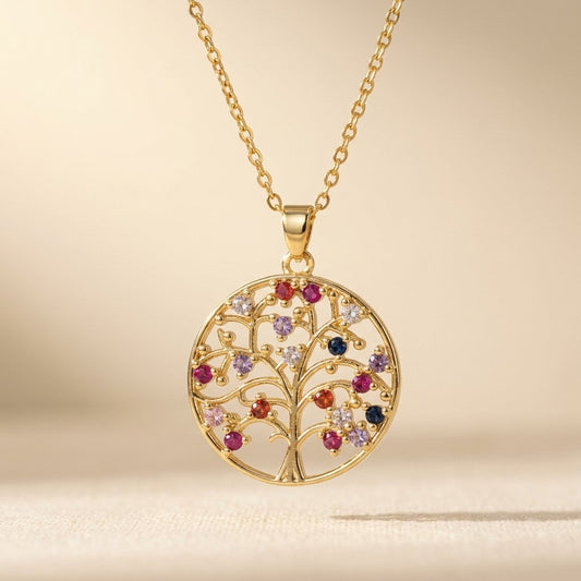 Gold Filigree Colorful Stone Tree Necklace