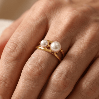 Gold Dual Pearl Geometric Opening Ring