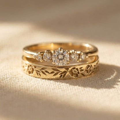 Vintage Gold Floral Filigree Round Cubic Zirconia Ring Set