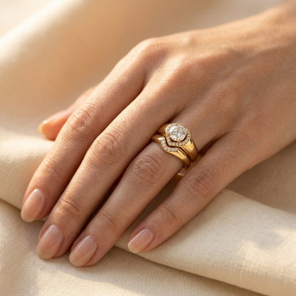 Gold Heart Shaped Diamond Halo Ring Set