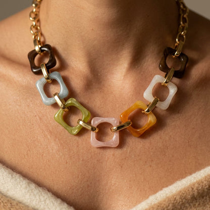 Colorful Gold Square Link Necklace