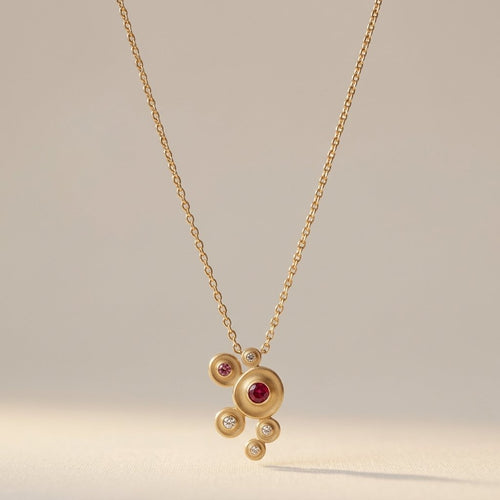 Gold Ruby Cubic Zirconia Cluster Necklace