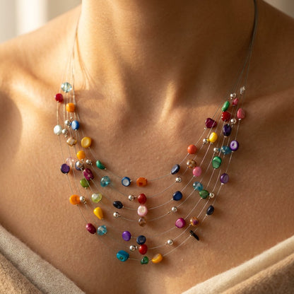 Colorful Silver Multi Gemstone Layered Necklace