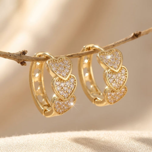 Gold Cubic Zirconia Triple Heart Hoop Earrings