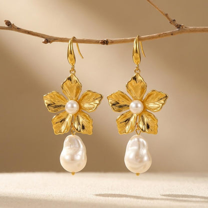 Gold Flower Pearl Drop Earrings