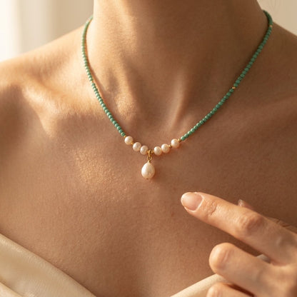 Vintage Gold Aventurine Pearl Drop Necklace