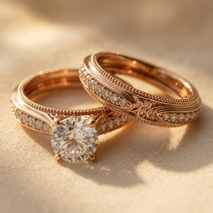 Rose Gold Round Cubic Zirconia Filigree Ring Set