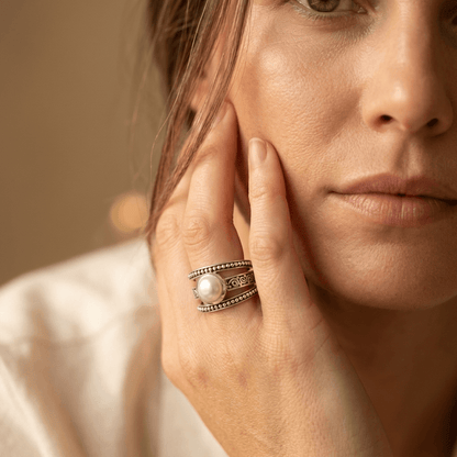 Bohemian Silver Pearl Beaded Ring