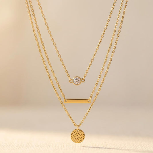 Gold Tone Layered Necklace With Round Pendant