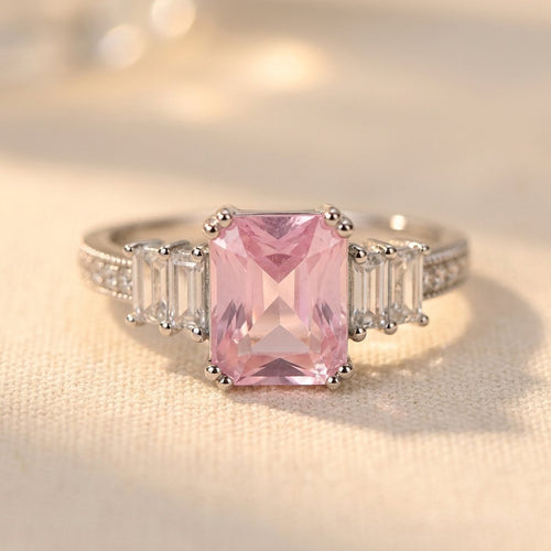 Pink Cushion Silver Baguette Engagement Ring