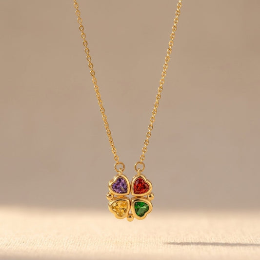 Gold Four Heart Gemstone Charm Necklace