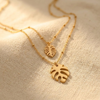 Gold Tropical Monstera Leaf Layered Necklace