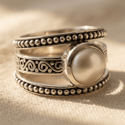Bohemian Silver Pearl Beaded Ring