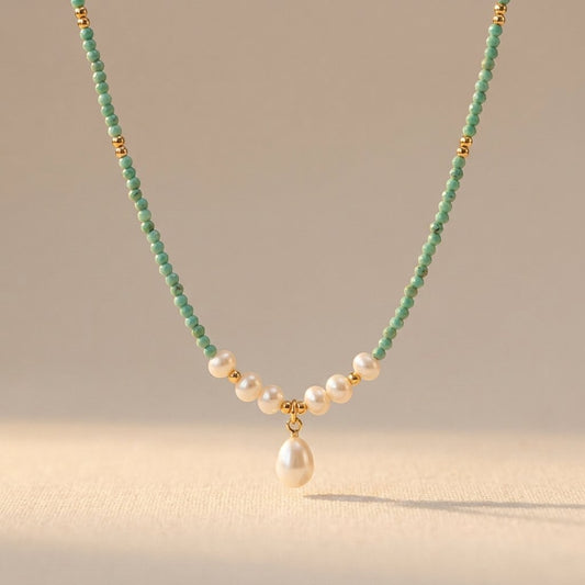 Vintage Gold Aventurine Pearl Drop Necklace