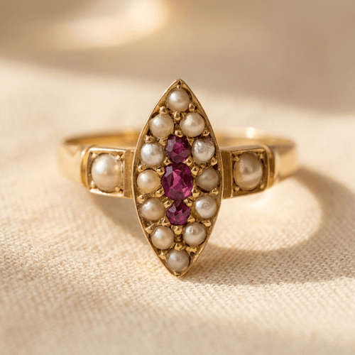 Vintage Gold Pearl Ruby Oval Ring
