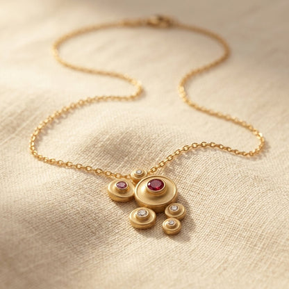 Gold Ruby Cubic Zirconia Cluster Necklace