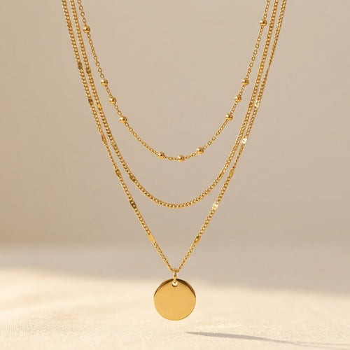 Gold Round Pendant Layered Chain Necklace
