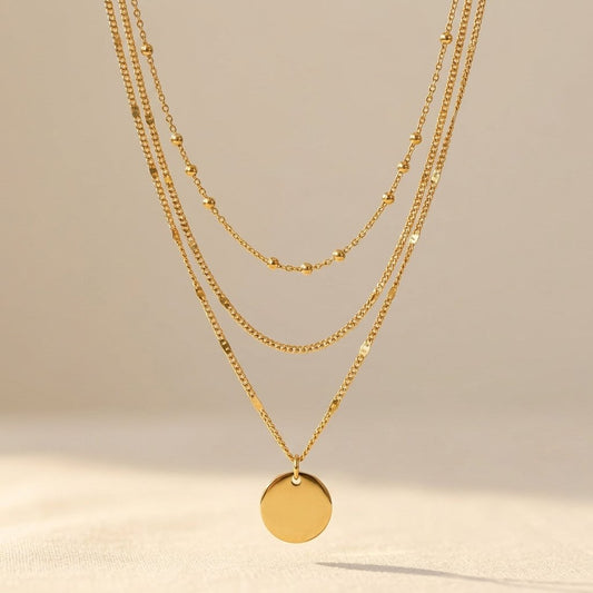 Gold Round Pendant Layered Chain Necklace