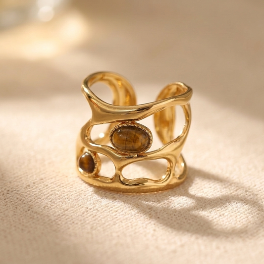 Gold Plated Geometric Tiger Eye Stone Cuff Ring