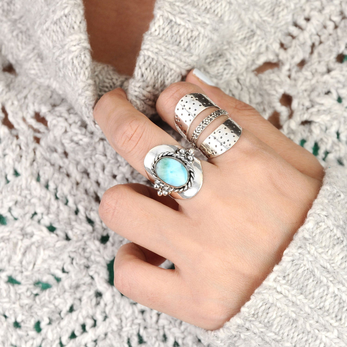 Vintage Style Oval Larimar Silver Boho Ring