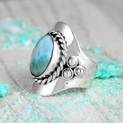 Vintage Style Oval Larimar Silver Boho Ring